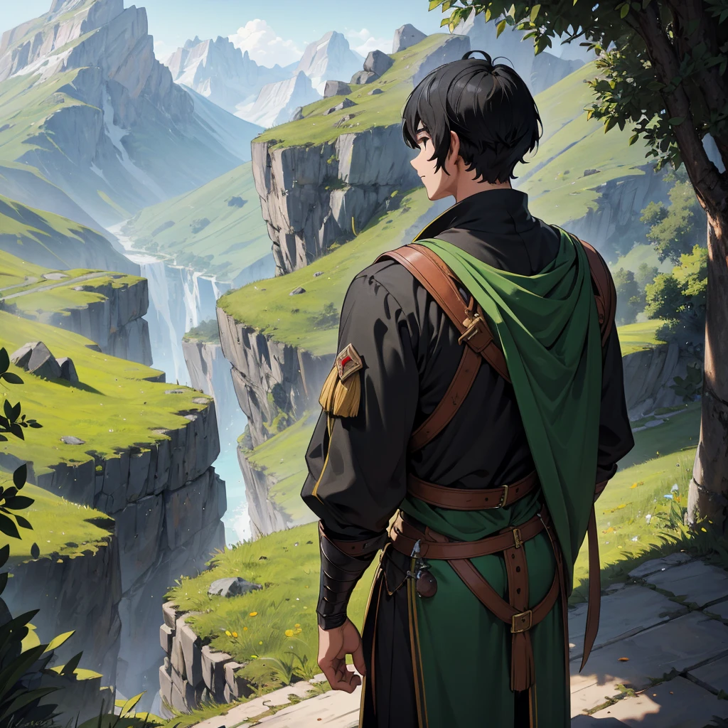 back view black hair boy with medieval outfit adventurer in the green mountain