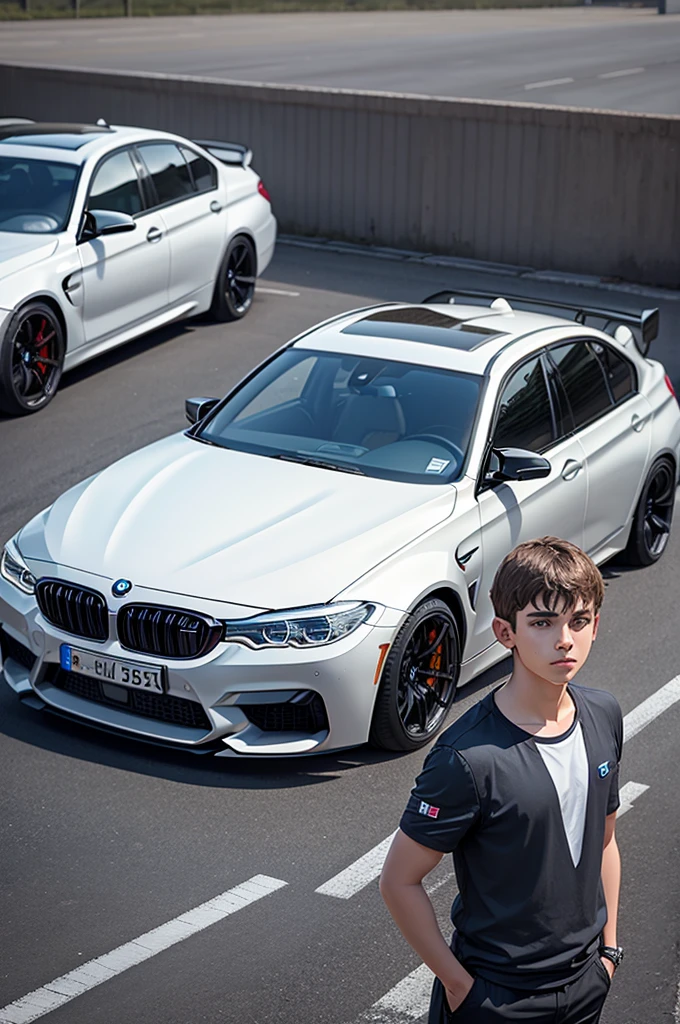 A 17 years boy standing with bmw m5 car