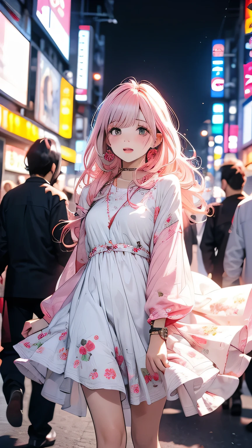 Tokyo, Kabukicho, Long hair blowing in the wind, Pink Hair, High resolution, dress