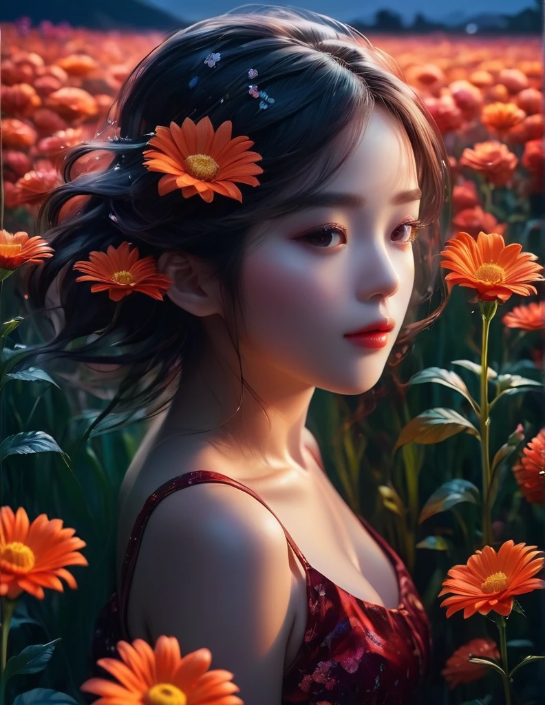 quality(8k wallpaper of extremely detailed CG unit, masterpiece, hight resolution, top-quality, top-quality ,hyper realisitic, digitial painting,increase the resolution,RAW photos,best qualtiy,highly detailed,the wallpaper),BREAK,8K, flower field shining flowers, dark night, siluet of girl in rare