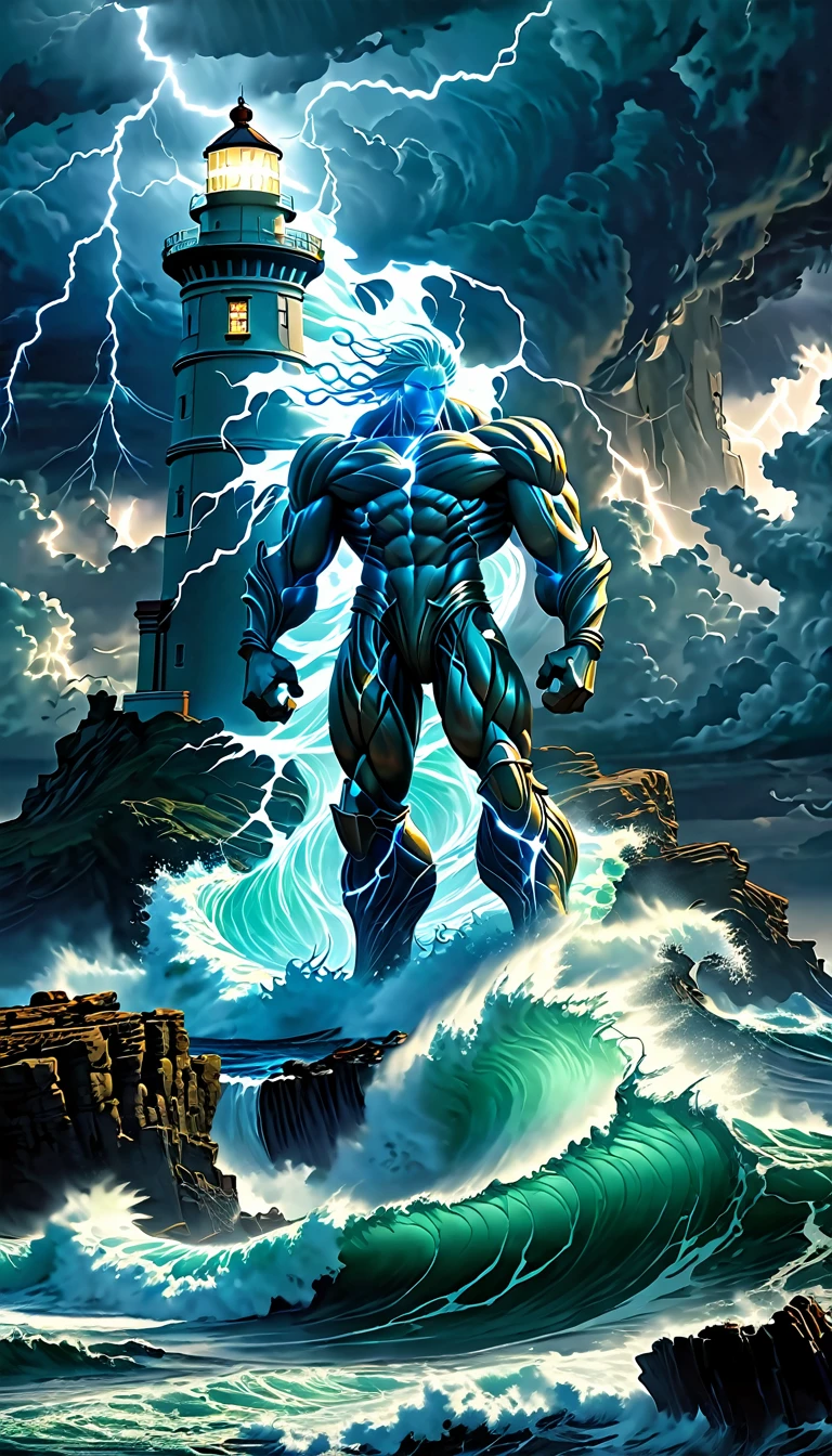 A colossal Water Titan emerging from the depths of a stormy ocean, its body made of swirling waves and seafoam. Towering over the dark, churning waters, its eyes glow with an otherworldly blue light. Surrounding it are massive waves crashing violently against jagged rocks. The sky is overcast with dark, thunderous clouds, lightning striking down, illuminating the Titan's imposing figure. The background showcases a haunted lighthouse in the distance, its light flickering in the tempest