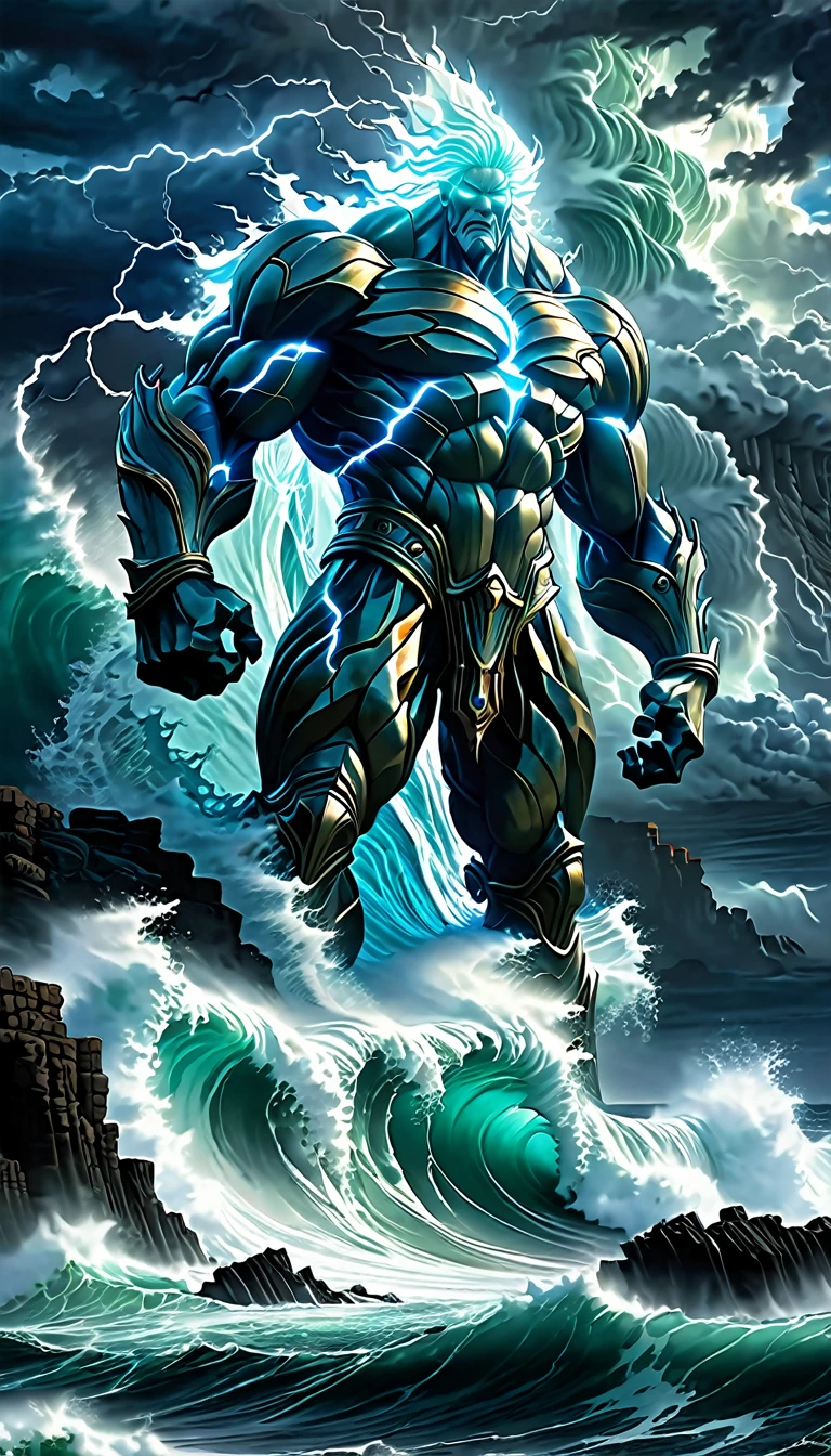 A colossal Water Titan emerging from the depths of a stormy ocean, its body made of swirling waves and seafoam. Towering over the dark, churning waters, its eyes glow with an otherworldly blue light. Surrounding it are massive waves crashing violently against jagged rocks. The sky is overcast with dark, thunderous clouds, lightning striking down, illuminating the Titan's imposing figure. The background showcases a haunted lighthouse in the distance, its light flickering in the tempest