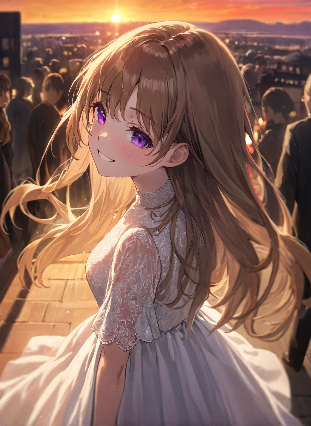 (masterpiece),(best quality),high resolution,(Extremely delicate and beautiful),(Extremely detailed),(close up:1.3), A girl with long brown hair and purple eyes,wearing a flowing white dress,Standing on the crowded street。A shy smile,Sunset backlight