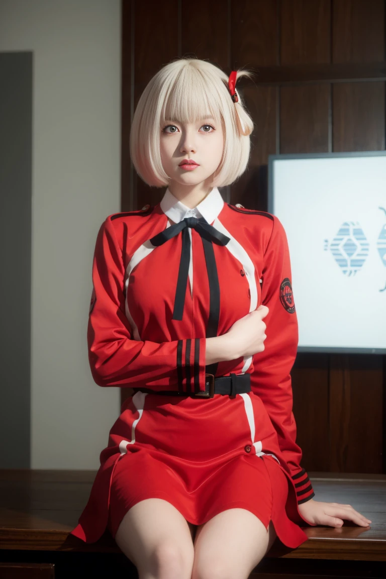 best quality, tmasterpiece,Ultra-high resolution,Clear face,（Reality：1.4），ferpect lighting，(upper body shot:1.5), (photorealistic:1.50), anime wallpaper, Guviz style artwork, cover-up fantasy up to magic , by Yang J, Guviz, beautiful artwork illustration, beautiful digital artwork, beautiful digital illustration, Li Song, beautiful anime portrait, art style in Beauvot, ((1girl)), (mature female:1.4),cowboy shot,thicc,ass pov,
Chisato,((gradient hair)),multicolored eyes, gradient eyes, (glowing eyes:1.5), mascara, (fashion make up), parted lips, short hair, lycoris uniform,ribbon, hair ribbon, red ribbon, bob cut,  shirt, (red dress:1.5), two-tone dress, neck ribbon, blue ribbon, grey dress,((hugging_own_Legs,sitting)),
(( floor, wooden wall, coffee sign)),(complex background, many elements in the background:1.2),((super detailed background)), mistress poses, ((8k wallpaper)), 