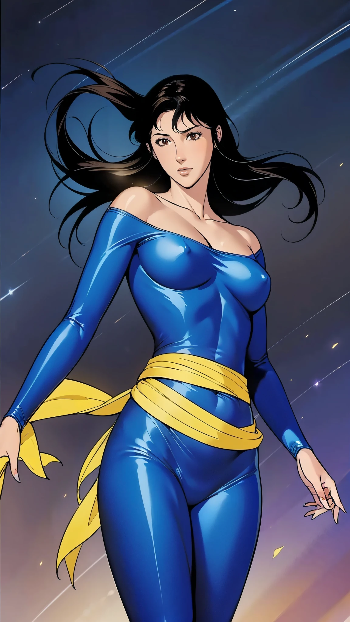 (masterpiece:1.2, Highest quality,Highest quality),(Very detailed),8K,wallpaper,Studio Lighting,Ultra-fine painting,Narrow your focus,Physically Based Rendering,1 female,Beautiful Skin,Shiny skin,Beautiful Hands,Detailed hand drawing,(Shiny Costumes),(Wearing a sash around his waist),Voluptuous,(Hair blowing in the wind),((Night sky and shooting stars)),(((HitomiKisugi,1girl, long hair,black hair,eyelashes,brown eyes, blue bodysuit,off shoulder, yellow sash))),(((betterhand)))