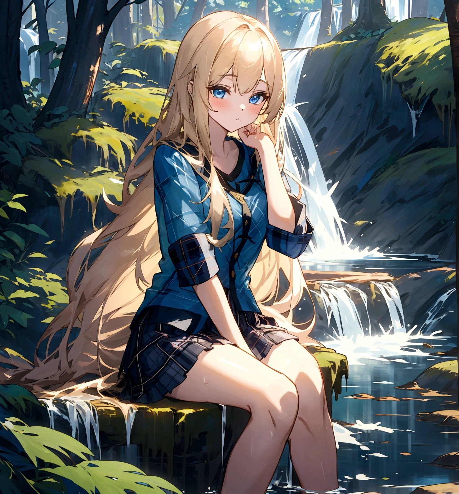 The most beautiful girl in the world, Long hair brass color, Wear a blue short-sleeved shirt., Wear a plaid miniskirt., Sitting near a waterfall in the forest