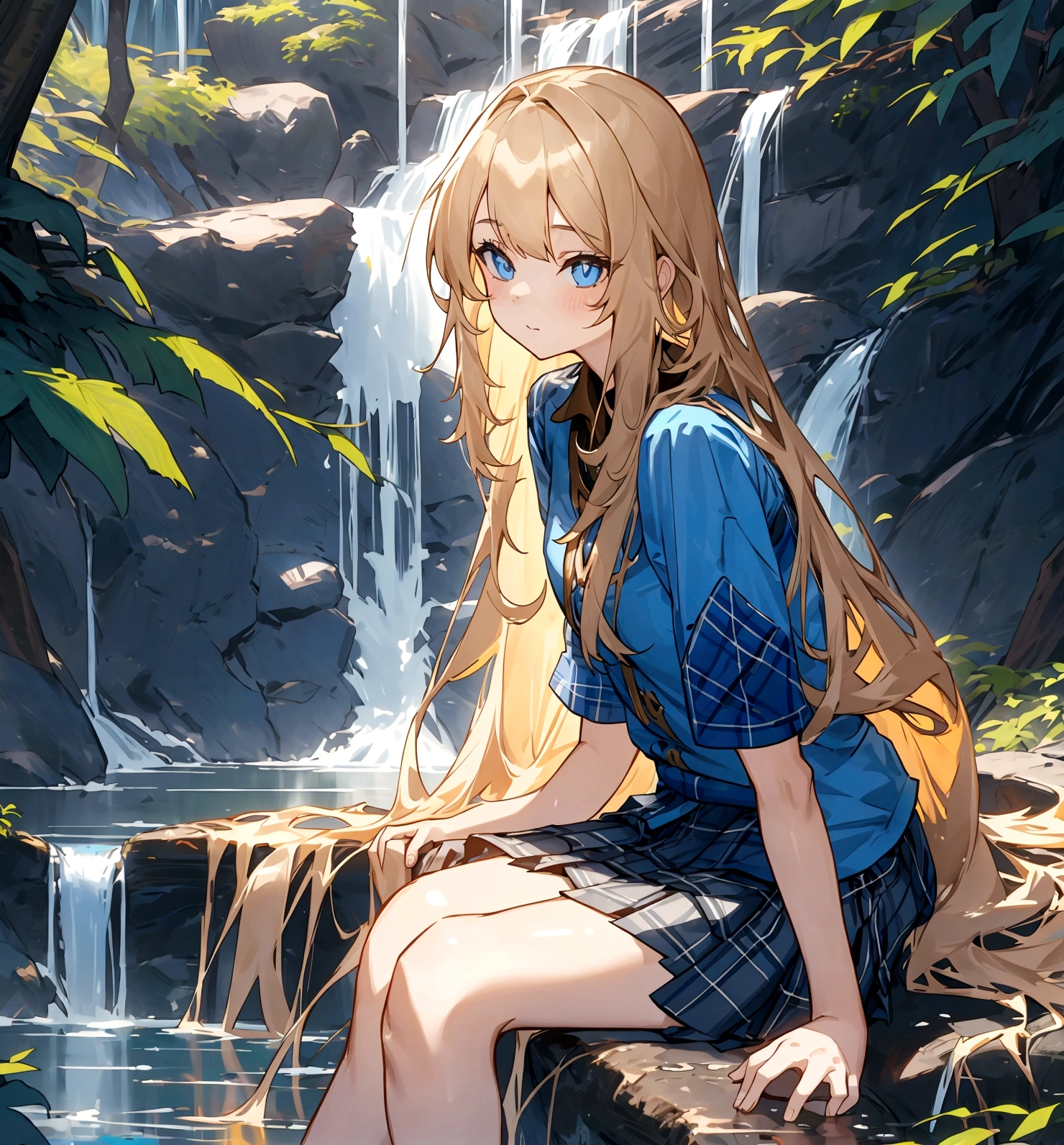 The most beautiful girl in the world, Long hair brass color, Wear a blue short-sleeved shirt., Wear a plaid miniskirt., Sitting near a waterfall in the forest