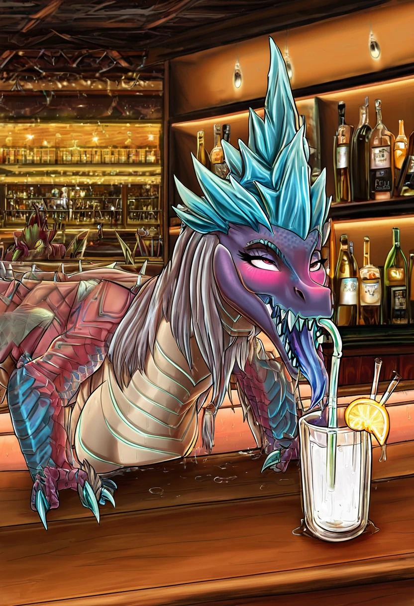 1girl, no humans, monster, dragon, drinking in bar, ahegao, sexy auroth