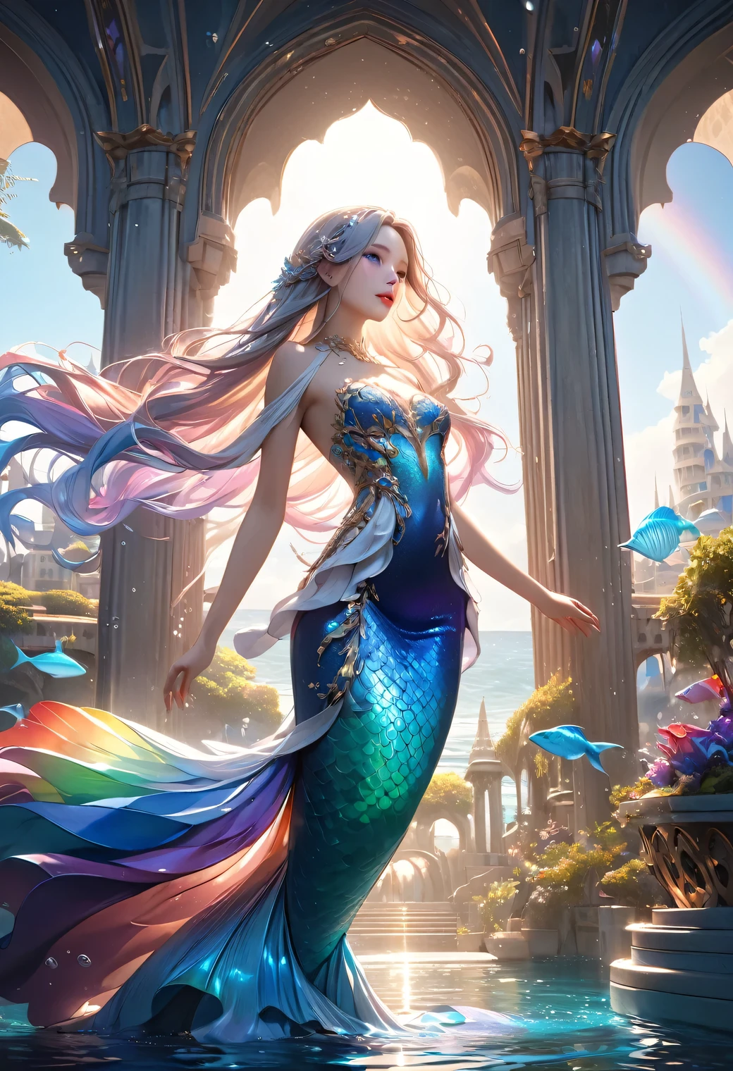 1girl, underwater palace, pretty mermaid girl, long flowing hair, beautiful detailed eyes, beautiful detailed lips, extremely detailed face, porcelain skin, elegant ornate dress, flowing dress, shimmering rainbow colored scales, glowing bioluminescent ocean, sunlight streaming through water, fantastical architecture, (best quality, 4k, 8k, highres, masterpiece:1.2), ultra-detailed, (realistic, photorealistic, photo-realistic:1.37), dramatic lighting, vivid colors, cinematic composition