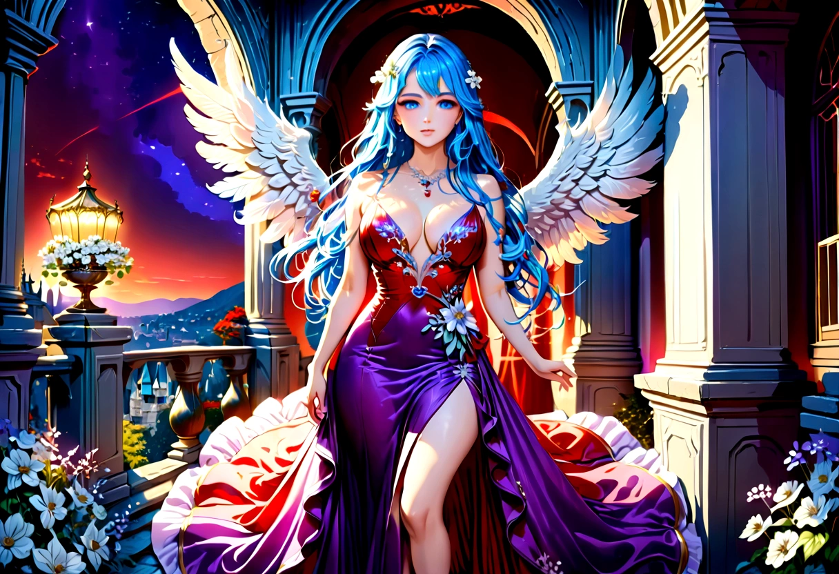 Arafed, a picture of a female angel in high society prom event, divine beautiful feminine angel, (blue hair: 1.4), long hair, flowing hair, the hair glows in a soft light, cerulean eyes, deep light eyes, divine feminine face, she wears a ((purple and red evening dress: 1.5)), elegant, intricate detailed dress, silk dress, small cleavage, ((dress is decorated with white flowers: 1.4)), she wears elegant knee high heeled boots, exquisite knee high heeled boots, she stands on the porch of a fantasy castle, dynamic angle, soft torch light, (Masterpiece: 1.5), 16k, highres, best quality, high details, ultra detailed, masterpiece, best quality, (extremely detailed), AngelStyle, angel_wings, Angel, flower dress