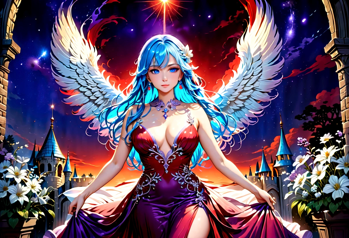 Arafed, a picture of a female angel in high society prom event, divine beautiful feminine angel, (blue hair: 1.4), long hair, flowing hair, the hair glows in a soft light, cerulean eyes, deep light eyes, divine feminine face, she wears a ((purple and red evening dress: 1.5)), elegant, intricate detailed dress, silk dress, small cleavage, ((dress is decorated with white flowers: 1.4)), she wears elegant knee high heeled boots, exquisite knee high heeled boots, she stands on the porch of a fantasy castle, dynamic angle, soft torch light, (Masterpiece: 1.5), 16k, highres, best quality, high details, ultra detailed, masterpiece, best quality, (extremely detailed), AngelStyle, angel_wings, Angel, flower dress