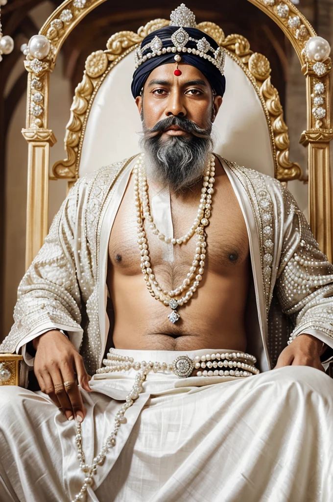 Kabir Das Sitting on a Throne full of diamonds and Pearls And wearing a Crown Full of diamonds and Pearls And having white beard and moustache