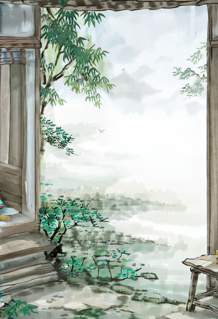 Photography,Chinese Ink Painting,Traditional Chinese Art,Simplicity ,An old house,House by the lake,Complete wooden house,There is a desk in the house,Boy reading a book,Boy in traditional Chinese costume,There is a bamboo forest outside the window,The shadow of the bamboo is projected on the desk through the window,Green bamboo swaying outside the window,Shadow in the bookcase,The gurgling spring in the distance,Flowing into the inkstone pool