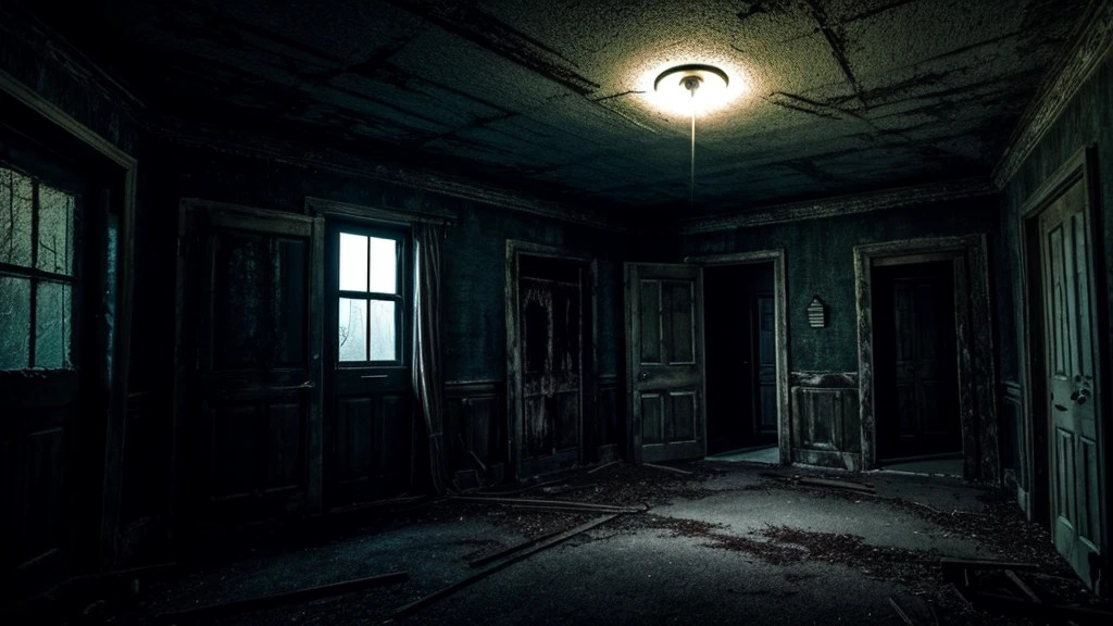 Create images featuring inside horror-themed buildings ,Make it without anyone,Make it darker , make it look like it's at night,Create an image on a landscape scree,inside room ,more darker