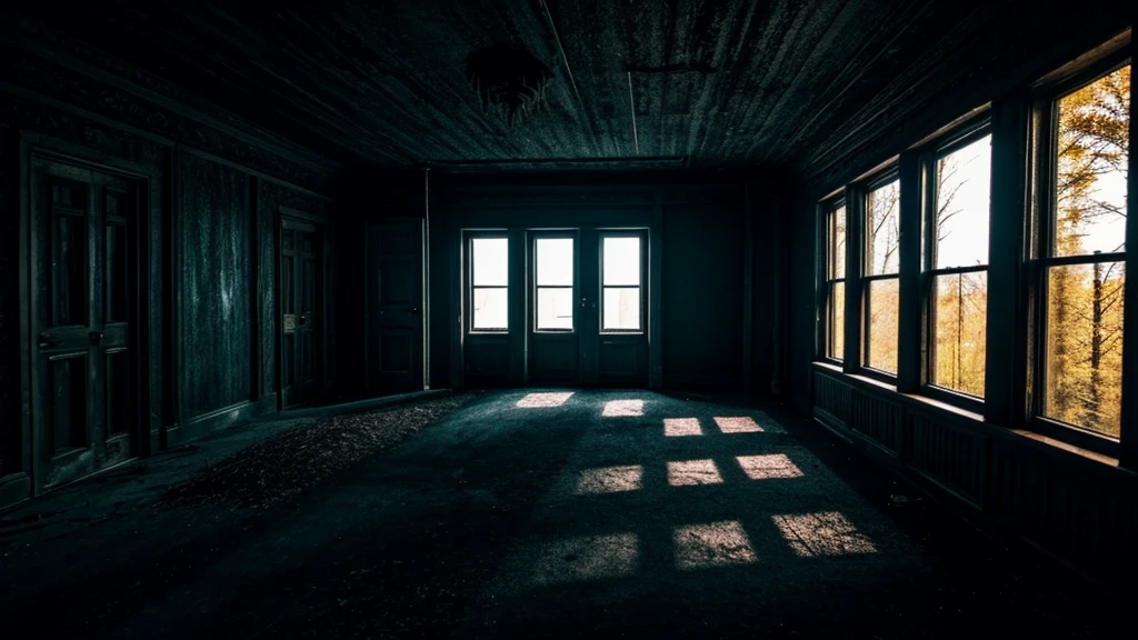 Create images featuring inside horror-themed buildings ,Make it without anyone,Make it darker , make it look like it's at night,Create an image on a landscape scree,inside room ,more darker