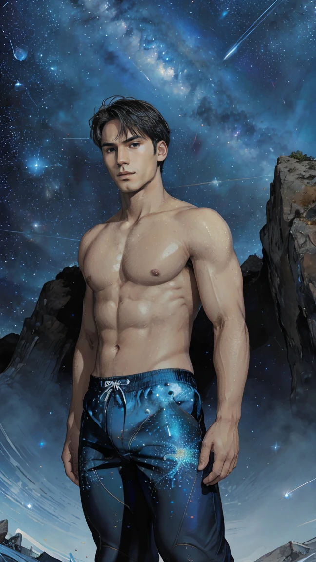 (masterpiece, high resolution, detailed:1.3), a mesmerizing depiction of a (strikingly handsome young man:1.2) donning (sleek and form-fitting swim trunks, bulge:1.2), standing against the backdrop of the vast and mysterious cosmos. His (toned physique:1.2) is bathed in the soft glow of distant stars, creating an otherworldly aura. As he gazes out into the depths of space, his (intense blue eyes:1.2) reflect the wonder and curiosity of his cosmic journey. The intricate details of his attire and the (subtle gleam:1.2) on his skin are meticulously captured, lending an air of realism to the scene. The celestial expanse behind him is a tapestry of (nebulous formations:1.2), (dazzling galaxies:1.2), and (shooting stars:1.2), a breathtaking testament to the beauty of the universe. This artwork melds the allure of a beautiful man with the awe-inspiring vastness of space, evoking a sense of both intimacy and grandeur.