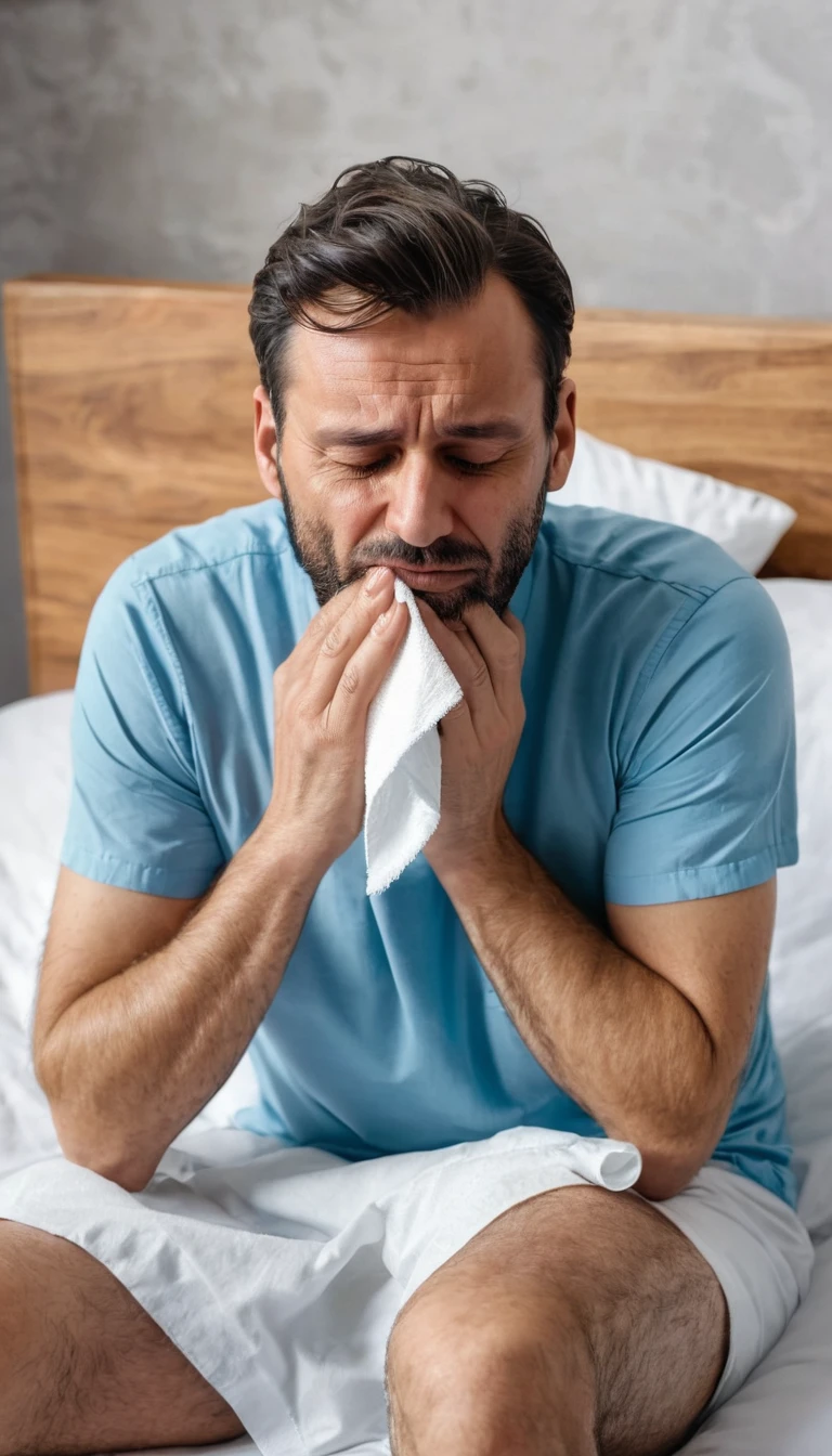 A 35 year old European man is sitting on a patient's bed wiping tears from his face, full body photo
