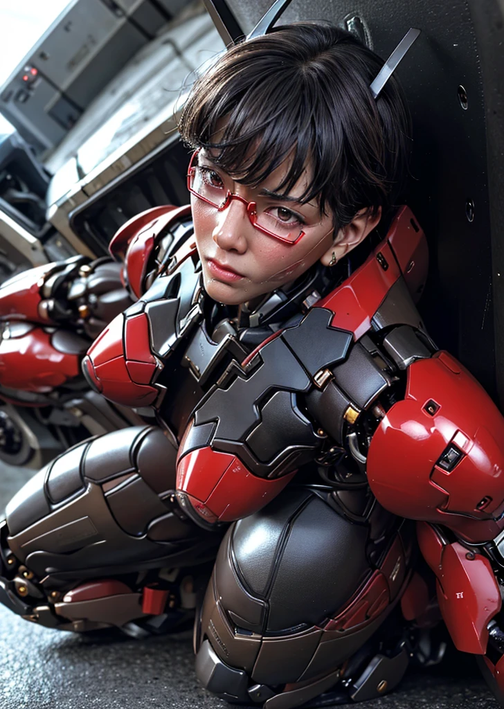 Sober middle-aged woman、Textured skin, Glasses、Very detailed, Attention to detail, high quality, 最high quality, High resolution, 1080P, hard disk, beautiful,(Gundam),Shining Red Cyborg Woman,Red Mecha Cyborg Girl Only Red and Black,Battle Mode,Girl with a mechanical body,She wears a futuristic  mecha,Full Body Shot、cute、Sweaty face、Painful expression、Appearance damage、、Humidity、Soaking wet、composition、Please raise your hand、Water leaking from the crotch、Lying in bed