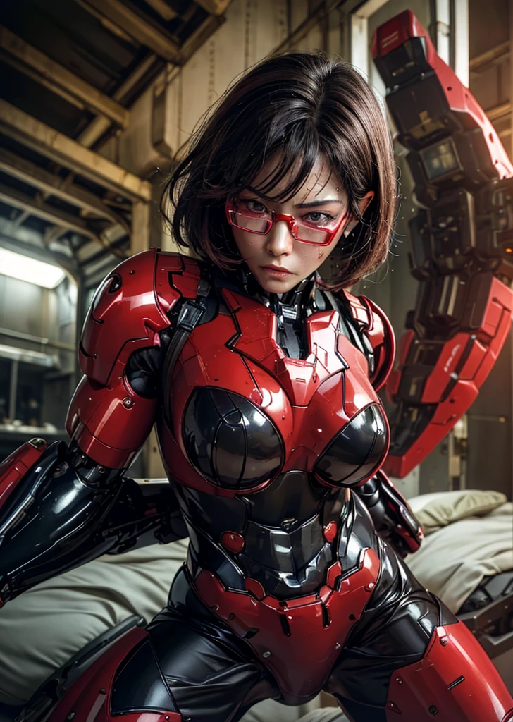 Sober middle-aged woman、Textured skin, Glasses、Very detailed, Attention to detail, high quality, 最high quality, High resolution, 1080P, hard disk, beautiful,(Gundam),Shining Red Cyborg Woman,Red Mecha Cyborg Girl Only Red and Black,Battle Mode,Girl with a mechanical body,She wears a futuristic  mecha,Full Body Shot、cute、Sweaty face、Painful expression、Appearance damage、、Humidity、Soaking wet、composition、Please raise your hand、Water leaking from the crotch、Lying in bed