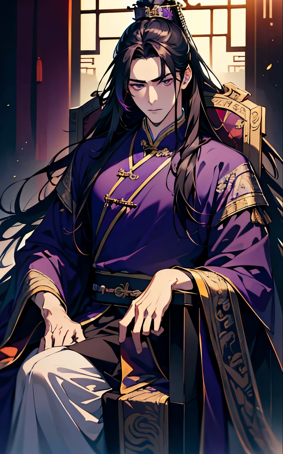 Best quality at best, Ultra-high resolution, (((1 men))), (!45 years old!) (Long black hair), (violet eyes), (Chinese clothes), (purple clothes) ,(focal), (((Colorful))), particle fx , tmasterpiece, Best quality at best, beautiful painted, meticuloso, highly detailed, (tmasterpiece, Best quality at best) CG unified 8K wallpaper,((sitting chinese throne)), ( purple chinese room), tmasterpiece,Best quality,ultra - detailed), Super HD picture quality
