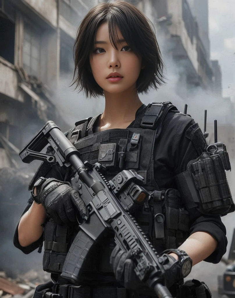 a beautiful japanese woman in swat uniform, realistic skin texture, superrealism, 8k, detailed black tactical gear, assault rifle, bulletproof vest, wrist watch, short hair, dynamic pose, in an urban setting with old buildings, smoke and destruction