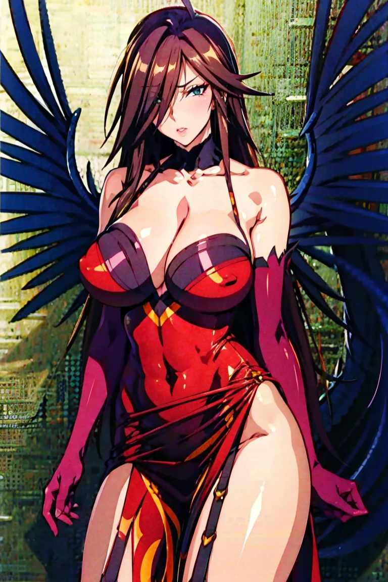 Anime screenshots, 1 Girl, alone, Brown Hair, Long Hair, Green Eyes, Red dress, Cleavage, Bare shoulders, Purple knee socks, - Elbow hand pockets, Black wings, Outdoor, inhibition, Tentacles, Shuma-Gorath, Cowboy Shot, whole body, Purple elbow gloves, Messy Hair, Hair on one eye, masterpiece, ultra detailed, best quality, ultra high res, cg unity 8k wallpaper, super fine illustration, fair skin, gleaming skin, oil skin, shiny skin, Big Breasts,