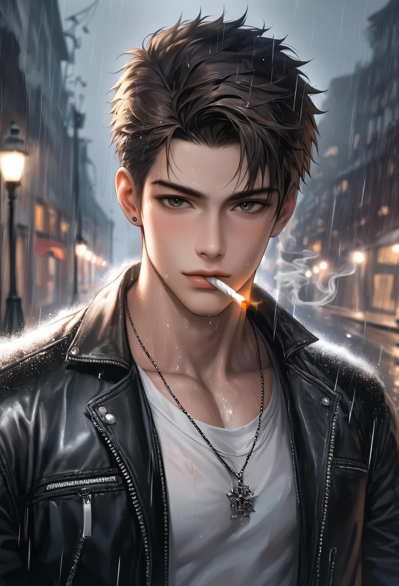 High definition, high quality illustrations. A handsome boy is drenched in the heavy rain. A cool expression with a cigarette in his mouth. The background is a dark night with heavy rain, and the light from the street lamps is blurred.