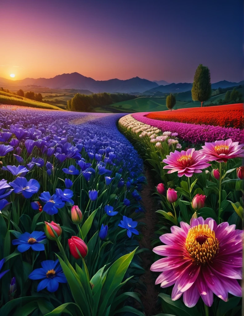 quality(8k wallpaper of extremely detailed CG unit, masterpiece, hight resolution, top-quality, top-quality ,hyper realisitic, digitial painting,increase the resolution,RAW photos,best qualtiy,highly detailed,the wallpaper),BREAK,8K, flower field shining flowers, dark night,