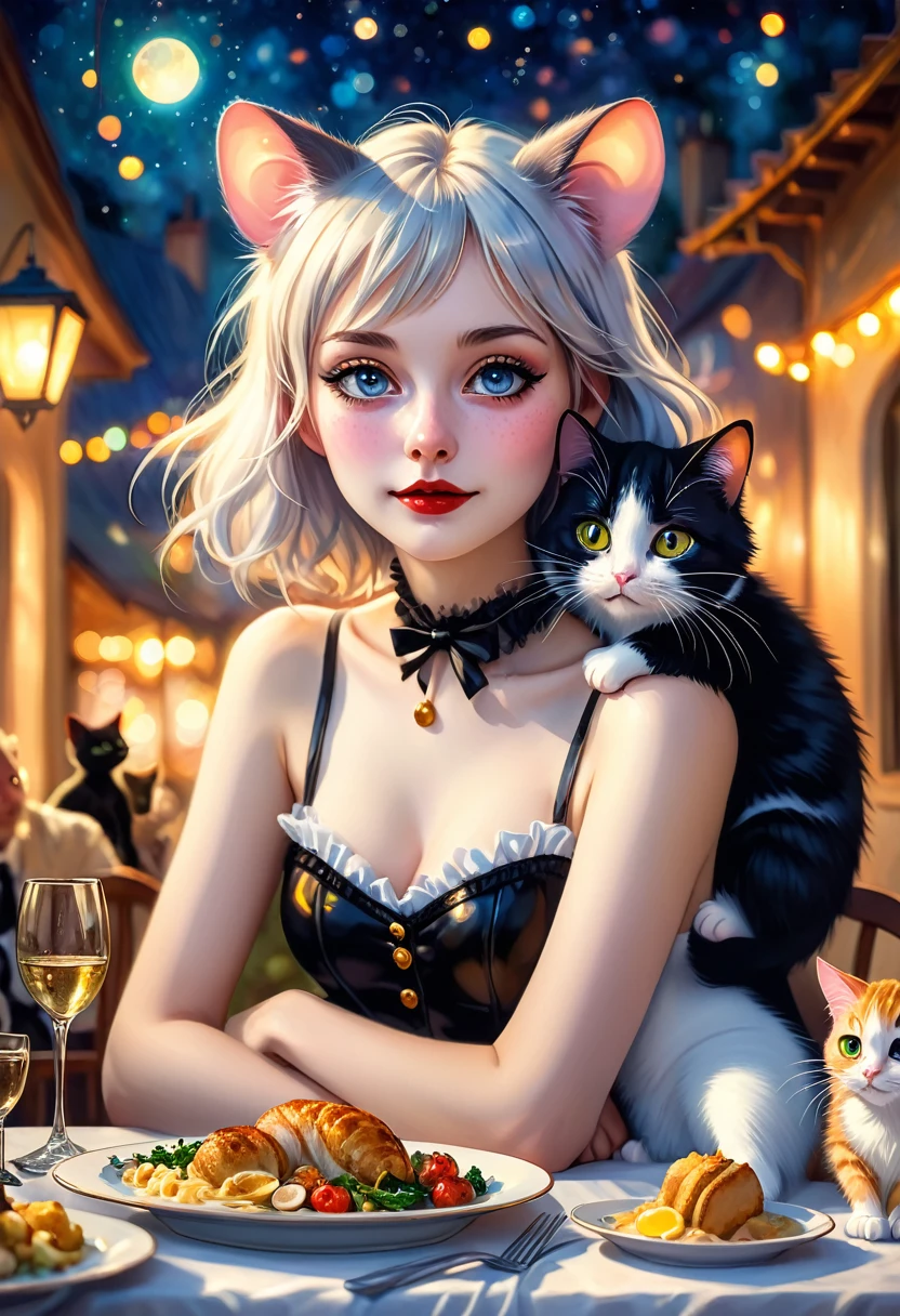 Renoir style , Hallucination, daydream , nightmare , Insane Dream , bokeh , erotica , realistic mouse girl and realistic cat man , dinner