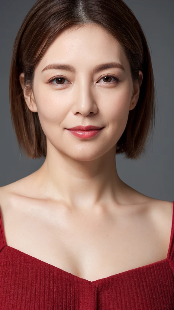 best quality, Practical, Very detailed, high resolution, 8K Gray Background, original photo, Professional photography, Reality, , 1 woman,45 years old expectation), Upper Body, short hair, Small, well-shaped breasts, Perfect face, (((Only the lips are red))), ((Looking at the camera)), (From below),Skin particles are clear,The pores on the face can be seen