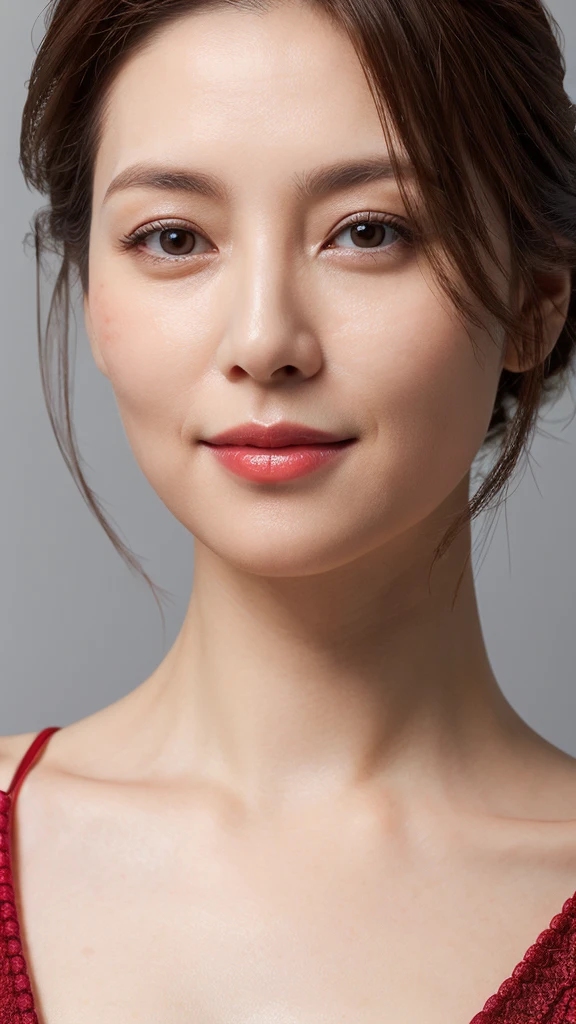 best quality, Practical, Very detailed, high resolution, 8K Gray Background, original photo, Professional photography, Reality, , 1 woman，45 years old expectation), Upper Body, short hair, Small, well-shaped breasts, Perfect face, (((Only the lips are red))), ((Looking at the camera)), (From below)，Skin particles are clear，The pores on the face can be seen