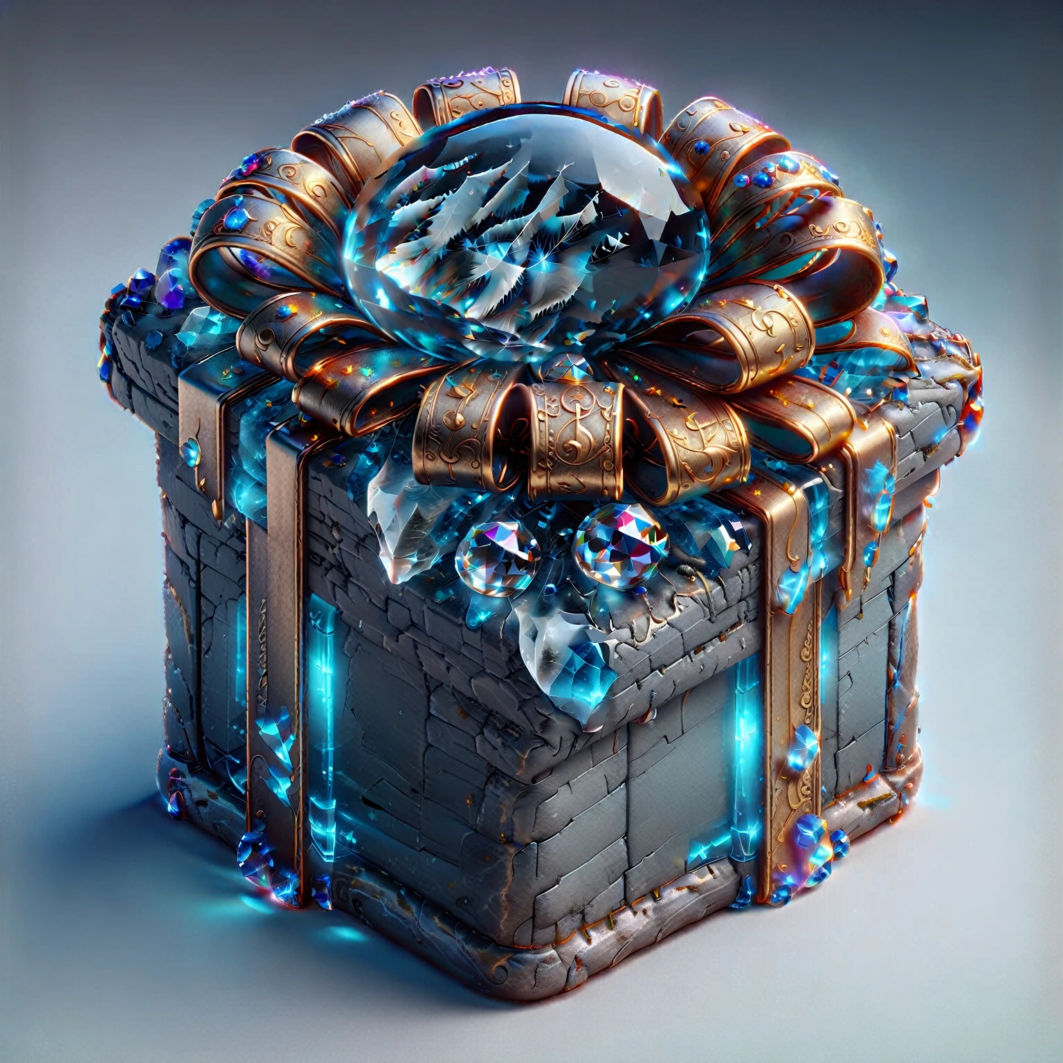 Gift Box，There is a crystal ball on it, Magic Items, 3D amazing details, Dark Style的Gift Box 镶嵌宝石, 8k high quality detailed art, Spellcasting wizard, Sci-fi magic medieval style very detailed, object concept art, Fantasy Game Spells, Game UI icons, Concept Art Magic Highlights，Dark Style