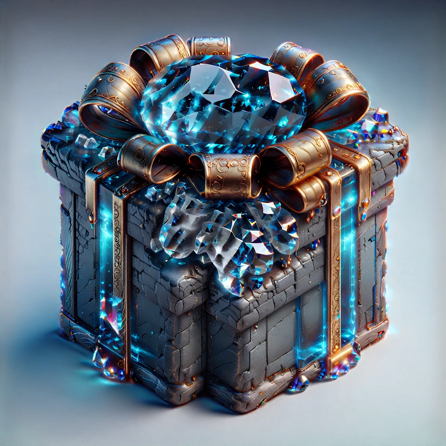 Gift Box，There is a crystal ball on it, Magic Items, 3D amazing details, Dark Style的Gift Box 镶嵌宝石, 8k high quality detailed art, Spellcasting wizard, Sci-fi magic medieval style very detailed, object concept art, Fantasy Game Spells, Game UI icons, Concept Art Magic Highlights，Dark Style