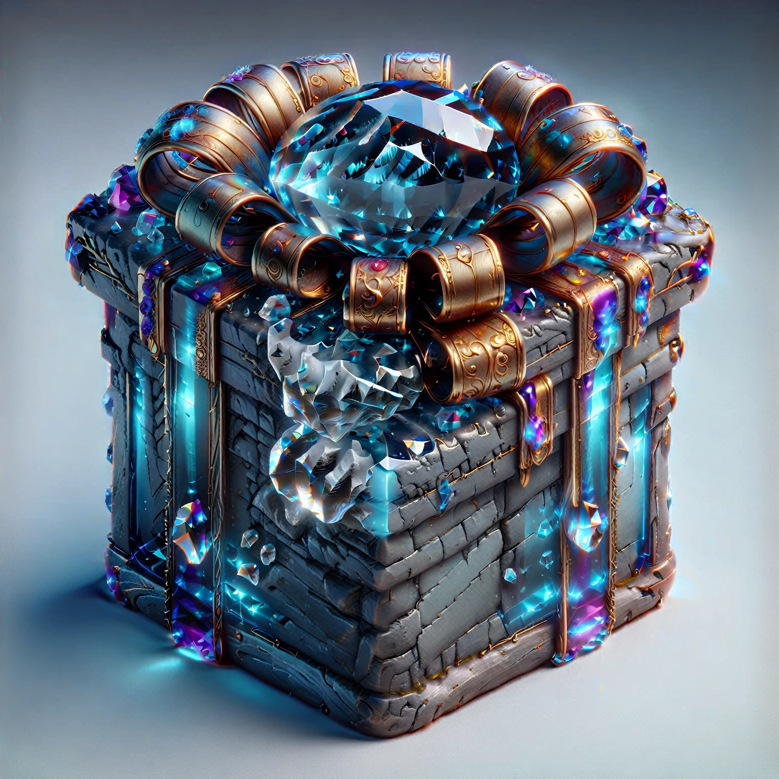 Gift Box，There is a crystal ball on it, Magic Items, 3D amazing details, Dark Style的Gift Box 镶嵌宝石, 8k high quality detailed art, Spellcasting wizard, Sci-fi magic medieval style very detailed, object concept art, Fantasy Game Spells, Game UI icons, Concept Art Magic Highlights，Dark Style