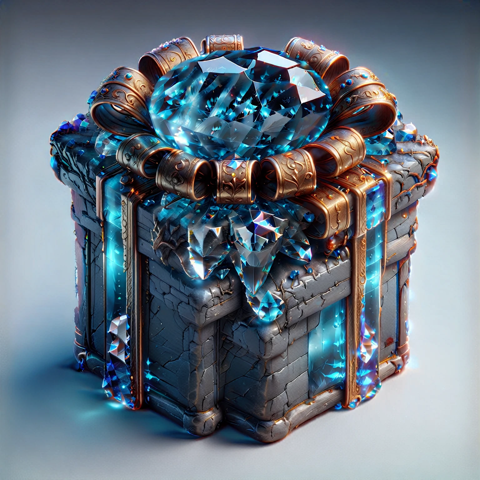 Gift Box，There is a crystal ball on it, Magic Items, 3D amazing details, Dark Style的Gift Box 镶嵌宝石, 8k high quality detailed art, Spellcasting wizard, Sci-fi magic medieval style very detailed, object concept art, Fantasy Game Spells, Game UI icons, Concept Art Magic Highlights，Dark Style