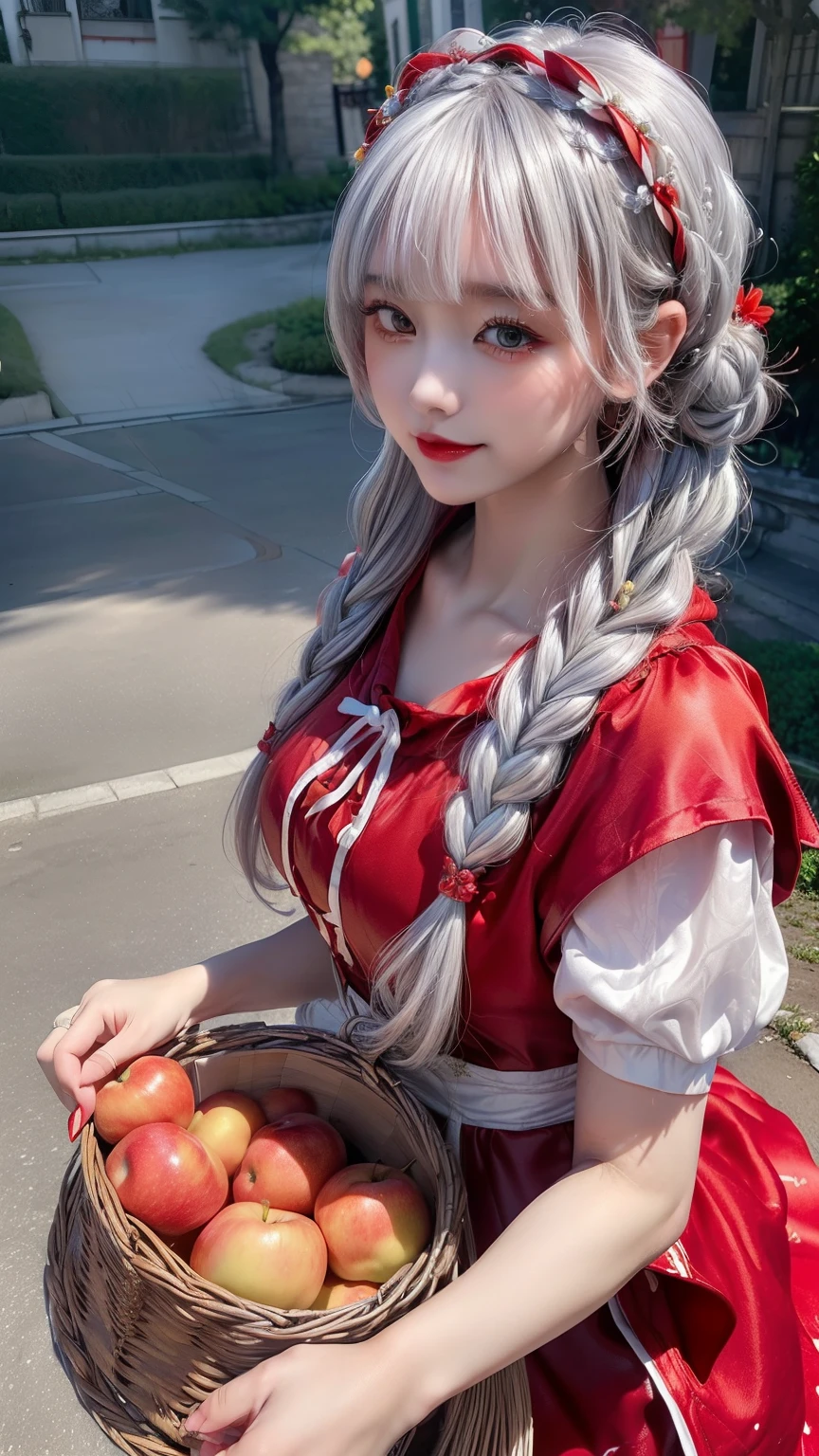 (ukiyoe painting:1.3),(3D Animation:1.3),(Costumes in the style of fantasy),(Grimm fairy tale world),(Little Red Riding Hood,Little Red Riding Hood,red riding hood:1.3),(farmhouse entrance:1.3),(red little red riding hood:1.3),(((Red Tunic:1.3))),(((apples and bread in the basket),Cute and beautiful girl,Cute round face,Cute smile,with blush cheeks,Red Lip,(silver white hair,Floral braided headband,half up、Floral Braided Space Van,Voluminous Fishtail Braids,Twisted chignon,),(Bangs are see-through bangs),hair pin,hair adornments,detailed clothes features,Detailed hair features,detailed facial features,(Dynamic angles),(Dynamic and sexy poses),clothes that emphasize big breasts,Cinematic Light,(masutepiece,top-quality,Ultra-high resolution output image,depth of fields,intricate detailes,Make the subject look three-dimensional with the contrast of light and shadow,) ,(The 8k quality,Anatomically accurate facial structure,),(Sea Art 2 Mode:1.3),(Image Mode Ultra HD,)