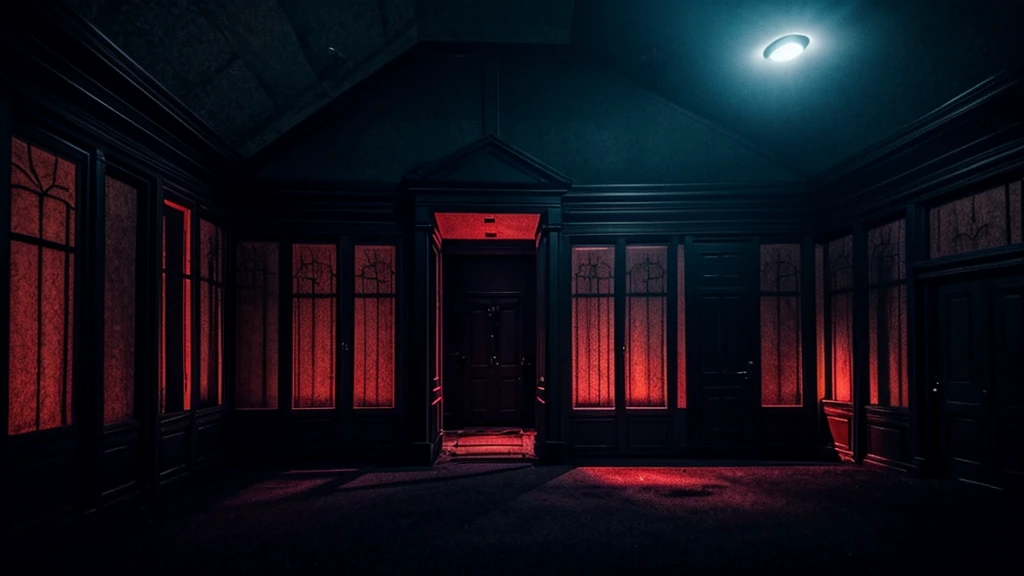 Create images featuring inside horror-themed buildings ,Make it without anyone,Make it darker , make it look like it's at night,Create an image on a landscape screen,inside room ,more darker , night