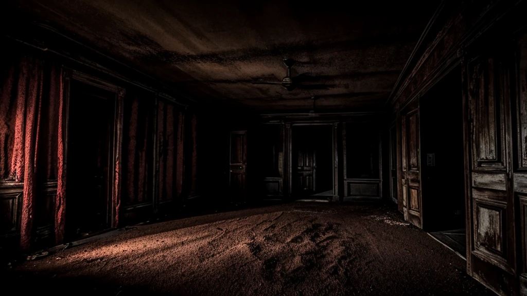 Create images featuring inside horror-themed buildings ,Make it without anyone,Make it darker , make it look like it's at night,Create an image on a landscape screen,inside room ,more darker , night
