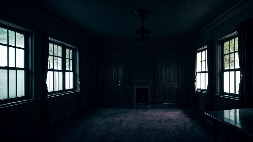 Create images featuring inside horror-themed buildings ,Make it without anyone,Make it darker , make it look like it's at night,Create an image on a landscape screen,inside room ,more darker , night