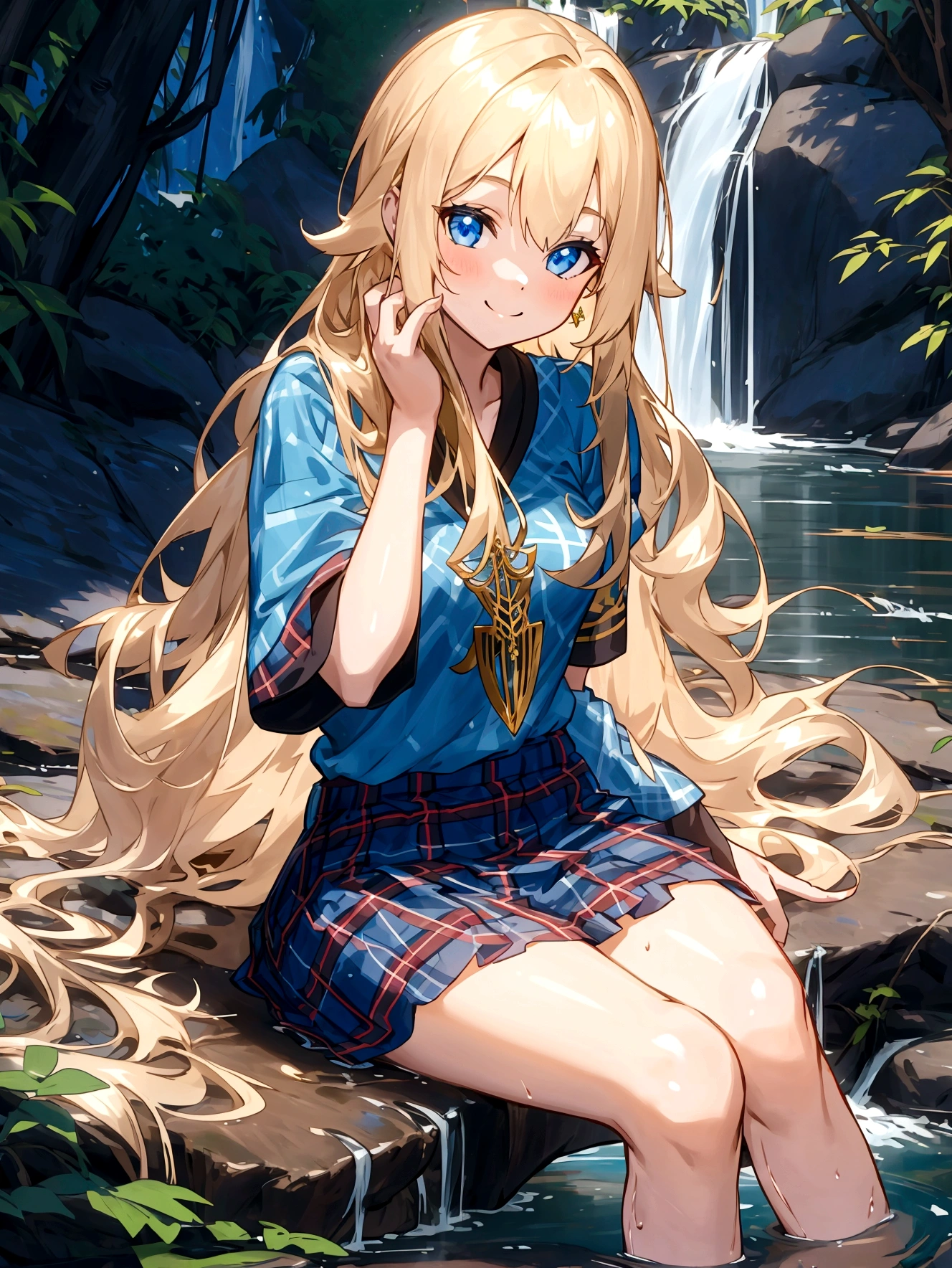 The most beautiful girl in the world, smile, Long hair brass color, Wear a blue short-sleeved shirt., Wear a plaid miniskirt., Sitting near a waterfall in the forest