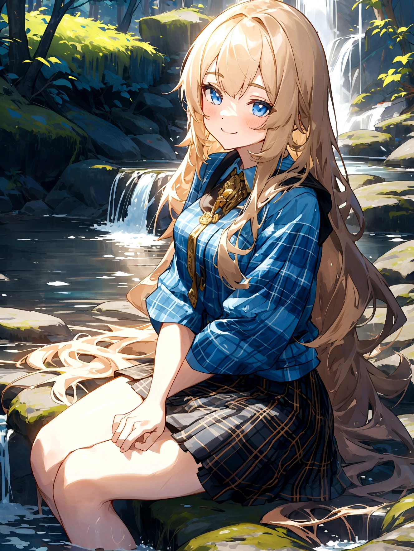 The most beautiful girl in the world, smile, Long hair brass color, Wear a blue short-sleeved shirt., Wear a plaid miniskirt., Sitting near a waterfall in the forest