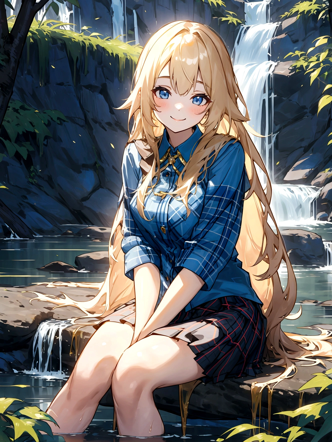 The most beautiful girl in the world, smile, Long hair brass color, Wear a blue short-sleeved shirt., Wear a plaid miniskirt., Sitting near a waterfall in the forest