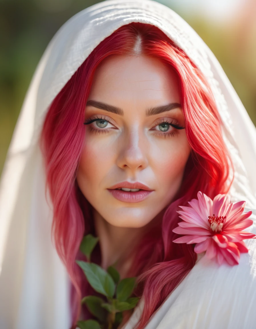 beautiful woman with long pink hair wearing( a white blanket blouse), with a red flower in front of her covering one eye and part of her face, natural sunlight, close-up framing her face, light colors, bokeh style, in the style of ultrafine detail, high quality photo