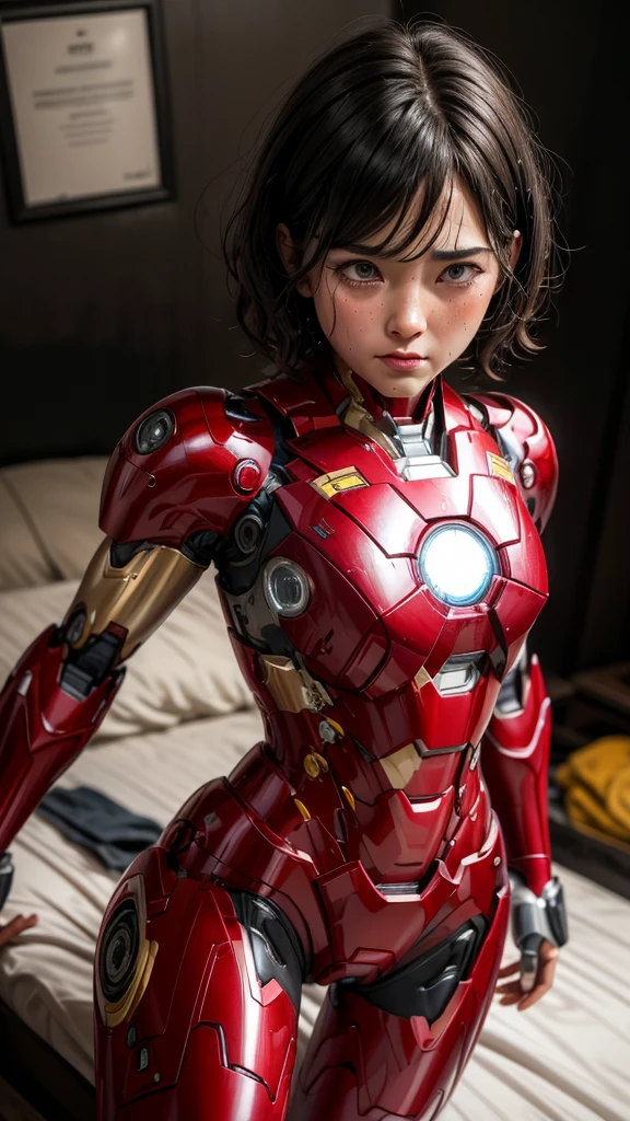 Highest quality　8k Red Iron Man Suit Girl　Middle-aged women　Sweaty face　cute　short hair　boyish　Steam coming out of my head　My hair is wet with sweat　The feel of black hair　Full body portrait　My upper body is soaked　 　I can see the vagina　Lying in bed　Face soaked　Crotch leg　Man muscle