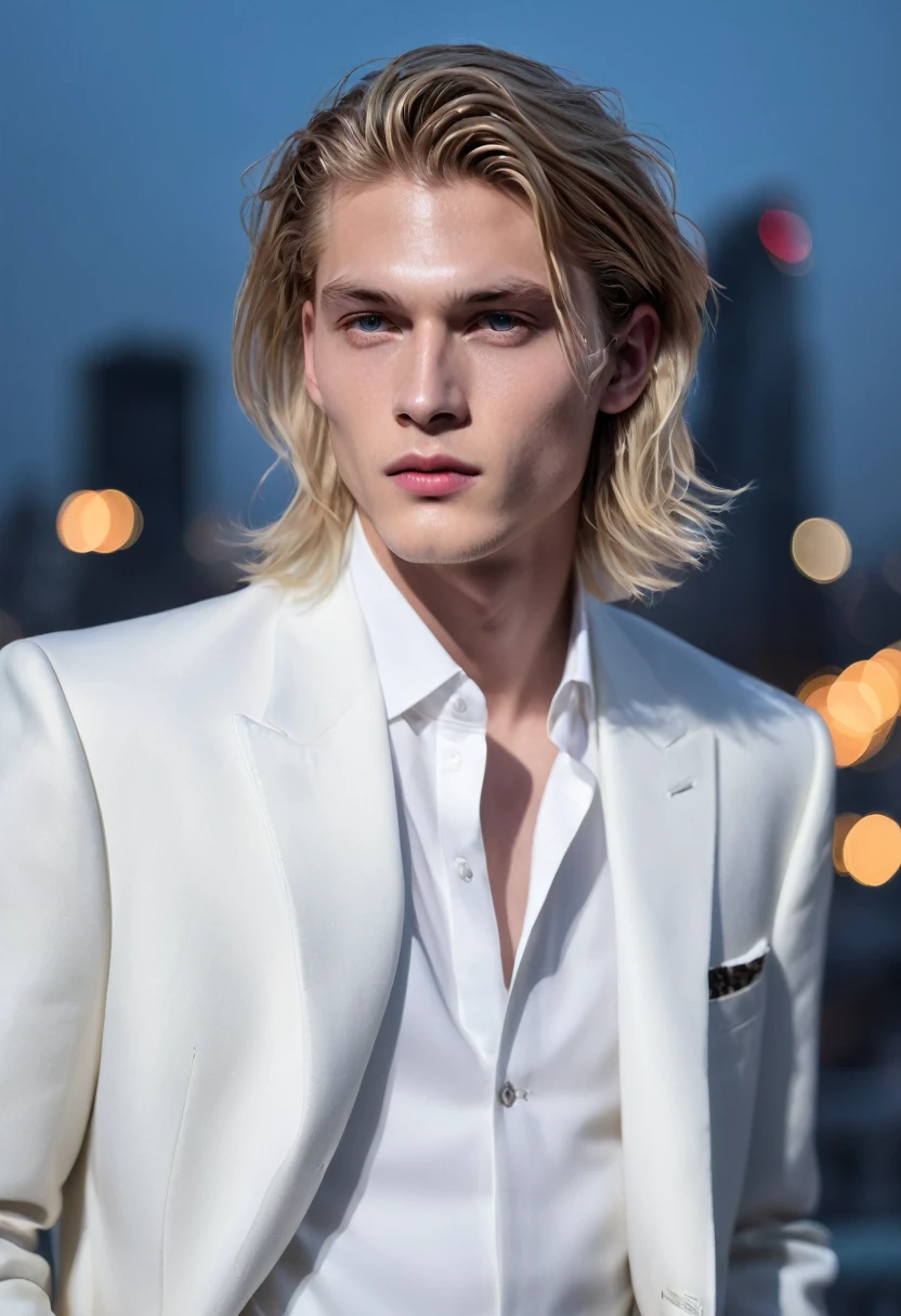 masterpiece, best quality, (Solitary focus), (Perfect face:1.1), (High Detail:1.1), (Extremely detailed eyes), dramatic, (1 person:0.5), (Pale skin), 金色的Long hair, Ethereal eyes, (light eyebrows), Solitary, Long hair, Jordan Barrett, moon, night, White luxury suit, Cover the navel, Pursed lips, fur, A proud expression, futuristic city, Detailed background, artgerm, light, Rose, Fashion, Balenciaga style