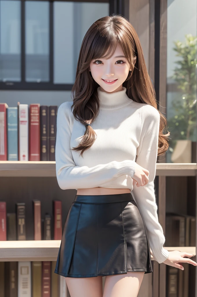 masterpiece、Highest quality、Very detailed、An illustration、Beautiful details、One Girl、cute、Detailed landscape、Library Background、Beautiful Hairstyles、Perfect Anatomy:1.4,4K resolution,((Jersey)),Smiling,(Ultra-realistic), (最高のAn illustration), (Increase the resolution), (8K), (masterpiece), 1 girl, ((The front hair is up)), Slender body, Smile,(Slender girl),(Slim girl),Virtual Girl Lynn,((Tight mini skirt))