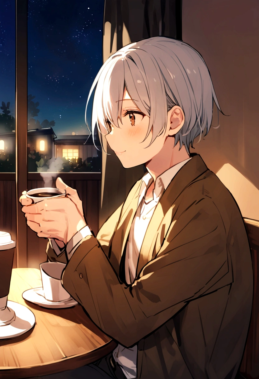 Man sitting in café,sunny,Night Sky,Drink coffee, Japanese