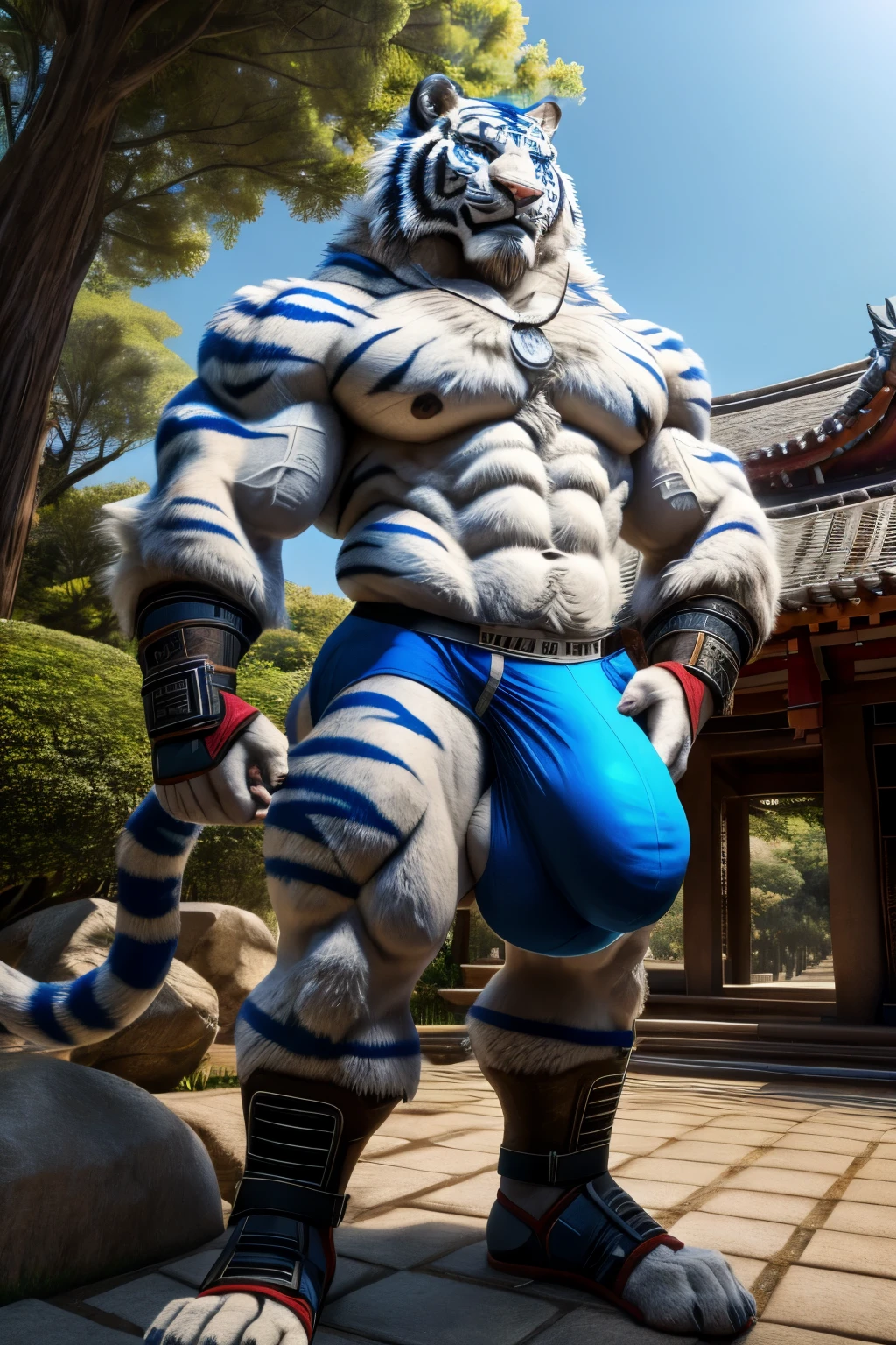 solo,anthro,furry,furry male, White Tiger, ((fluffy fur,fluffy,furry body)),Full Body, Very Muscular, Bara, Big, Buff, Very Big, Very Tall, Extremely Tall,Giant Sized, Hyper Size, Mega Size,Monster Sized,150 feet tall, macrophilia,Short Messy Hair, Blue eyes,((bright blue eyes)) Blue Stripes, String Necklace, Blue Pendant, Cosmic Energy Aura, Wrist guards, Ankle Guards, Smirking Expression, Standing pose, Huge Body Size,Wearing underwear, Outdoors, Japanese Temple, Oriental Trees, Detailed clothes, Tight briefs, briefs bulge, Huge Bulge, Hyper Size Bulge, Giant Cock Bulge, Giant Balls Bulge,Detailed face, (masterpiece, high quality,hi-res,8k had), High Resolution, High Detail,