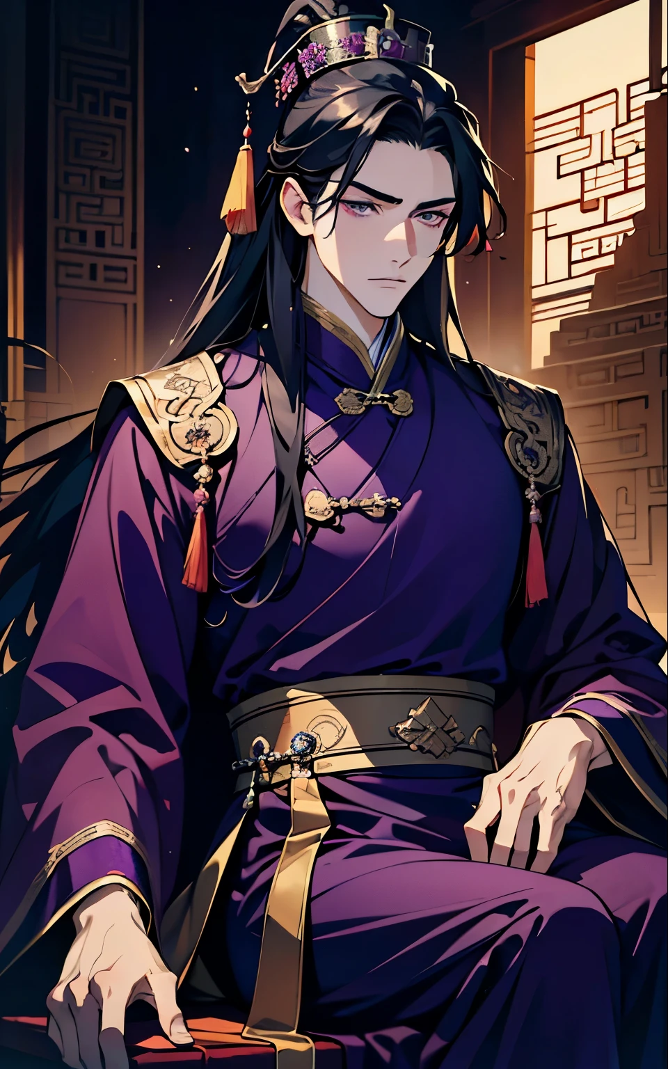 Best quality at best, Ultra-high resolution, (((1 men))), (!middle-aged!) (Long black hair), (violet eyes), (Chinese clothes), (purple clothes) ,(focal), (((Colorful))), particle fx , tmasterpiece, Best quality at best, beautiful painted, meticuloso, highly detailed, (tmasterpiece, Best quality at best） CG unified 8K wallpaper，((sitting chinese throne)), ( purple chinese room), tmasterpiece，Best quality，ultra - detailed）, Super HD picture quality