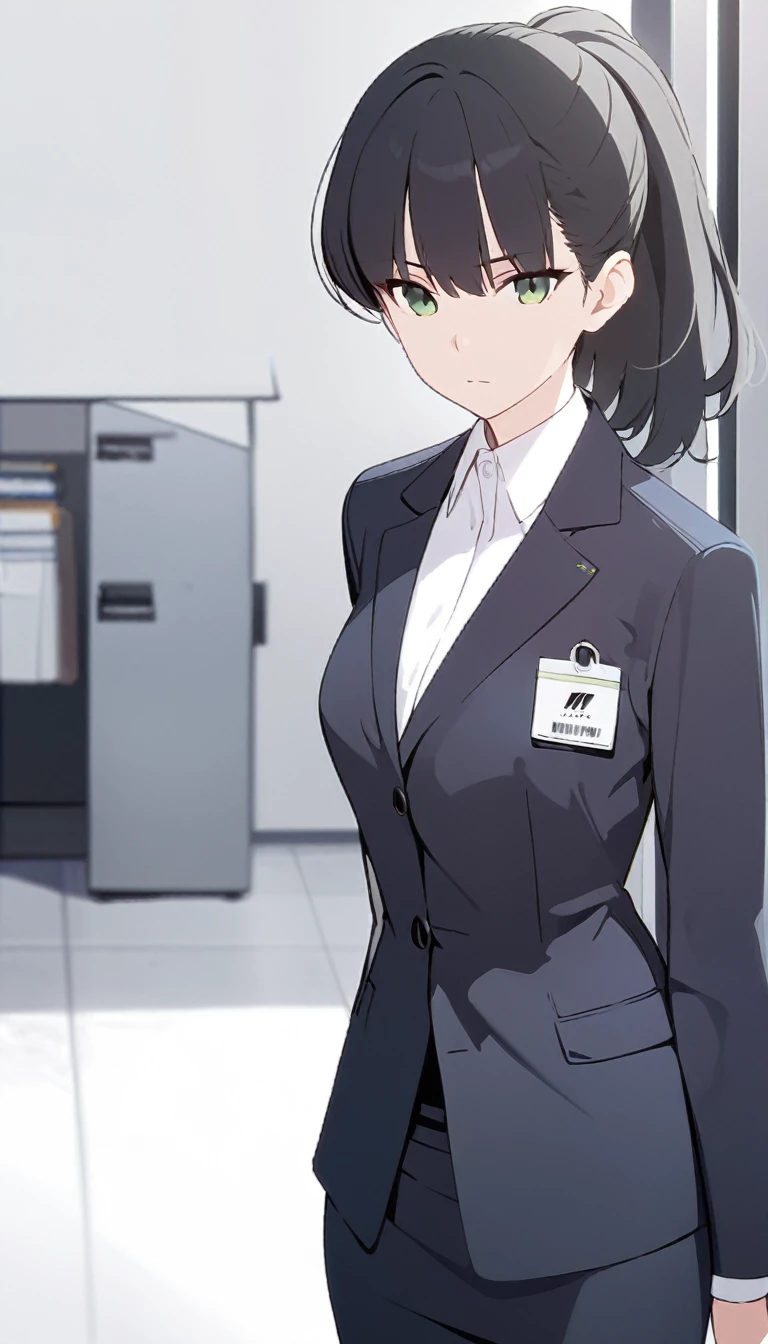 (masterpiece, high quality, best quality, highres,) One Woman, young, black hair, ponytail, Green Eyes, Athletic build, expressionless, closed mouth, office staff suit, Simple white background, standing, cowboy shot, (from the front)